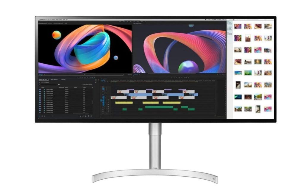 LG 34WK95U-W product image of an ultrawide silver and black monitor with editing software on the display.