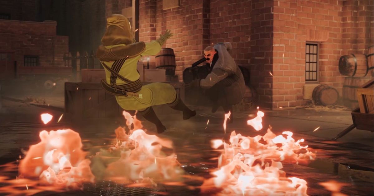 The Lamplighters League gameplay showing a character being thrown onto a fire