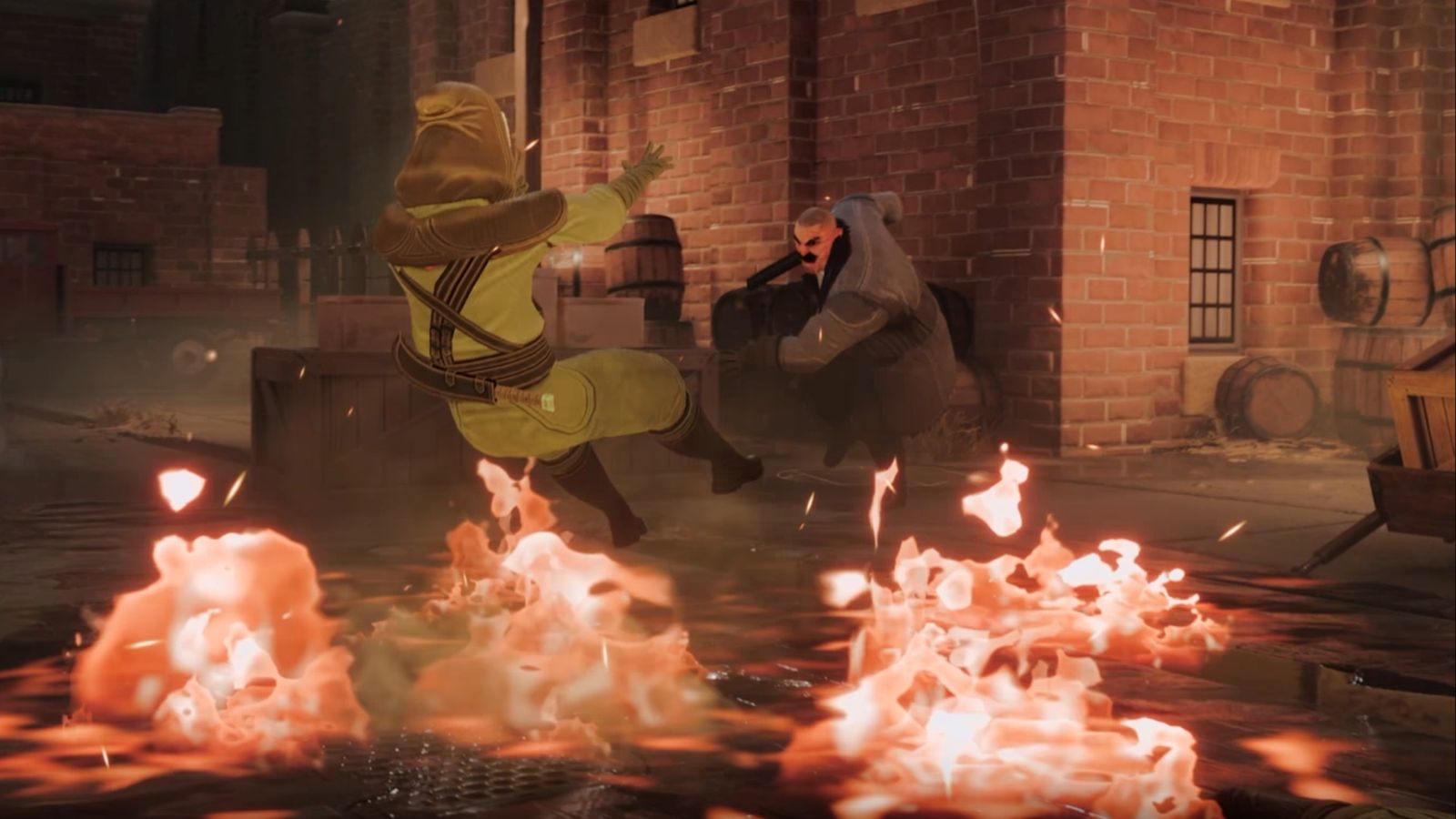 The Lamplighters League gameplay showing a character being thrown onto a fire