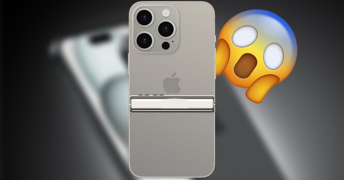 iPhone 15 Pro Max with a flip hinge for a foldable phone and in front of a gasping emoji
