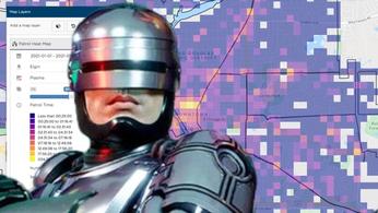 RoboCop on top of a map generated by crime predicting AI tool Geolitica 