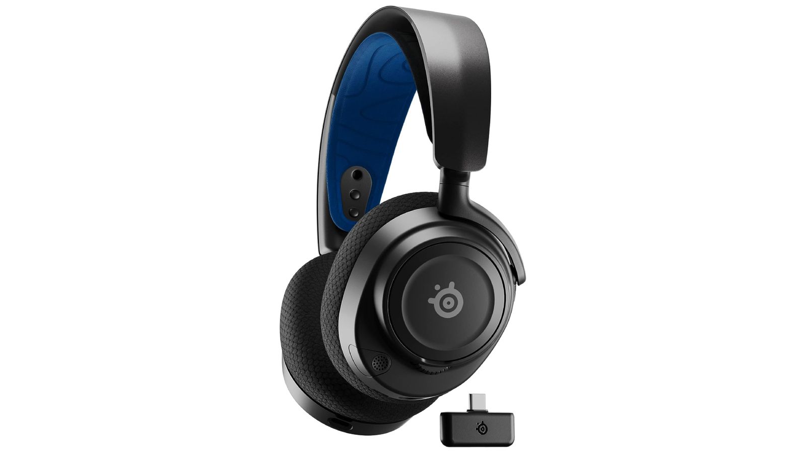SteelSeries Arctis 7P product image of a black wireless over-ear headset with dark blue cushioning.