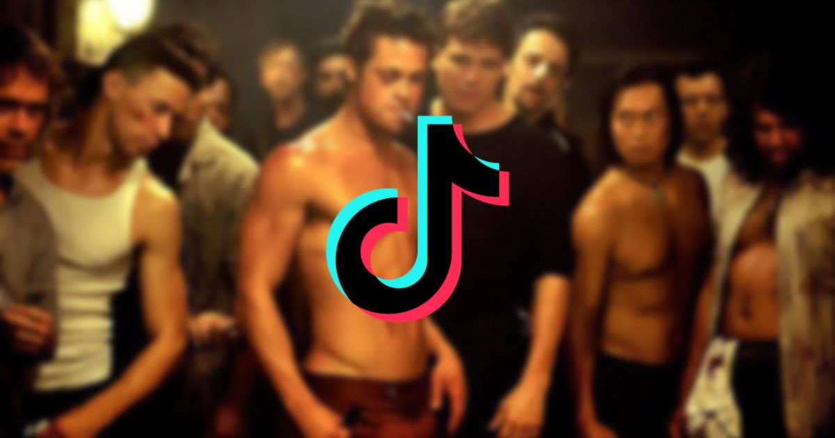 An image of the quintessential "crash out" character Tyler Durden from "Fight Club" with a logo of TikTok on the foreground