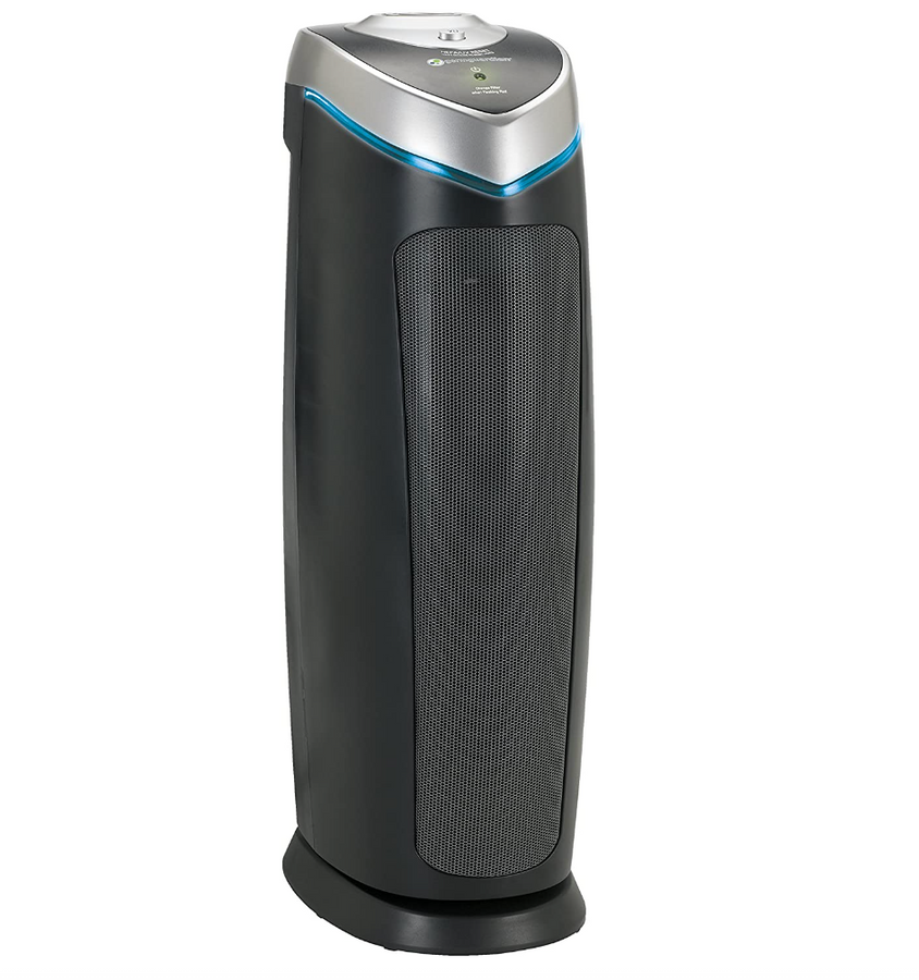 Germ Guardian AC4825 product image of a black purifier with a grey top with blue trim.