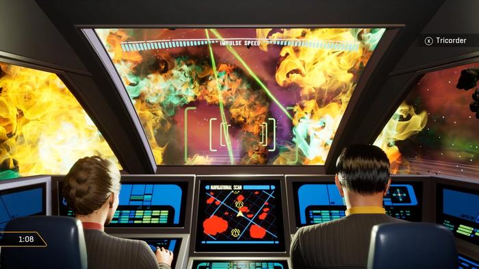 Star Trek Resurgence shuttlecraft gameplay flying through an ion storm.