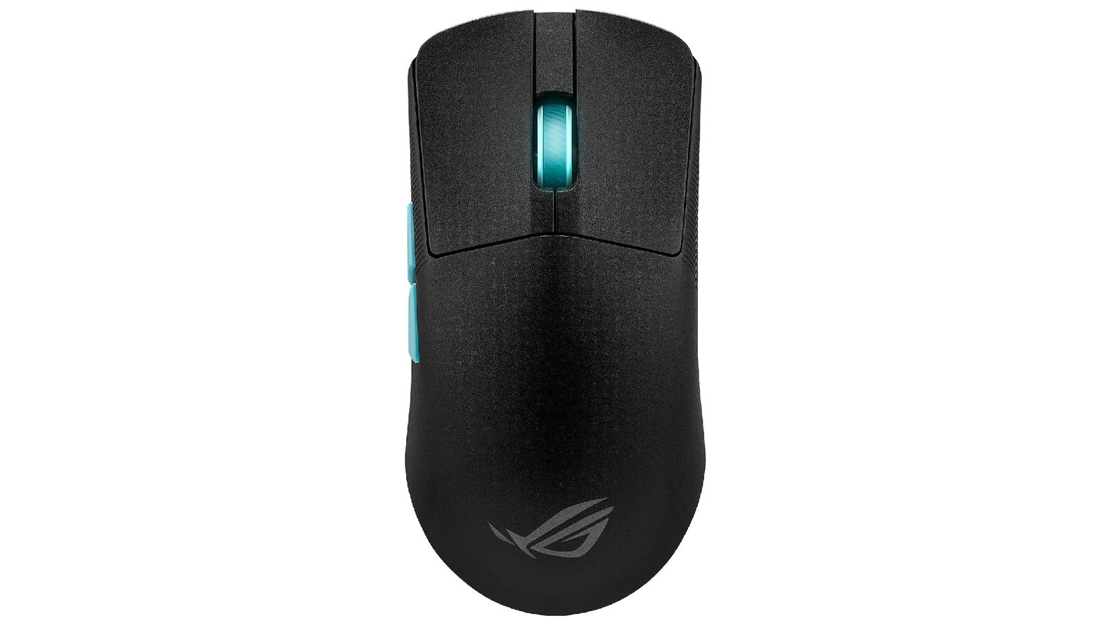 ASUS ROG Harpe Ace product image of a black mouse with a blue scroll wheel and side buttons.
