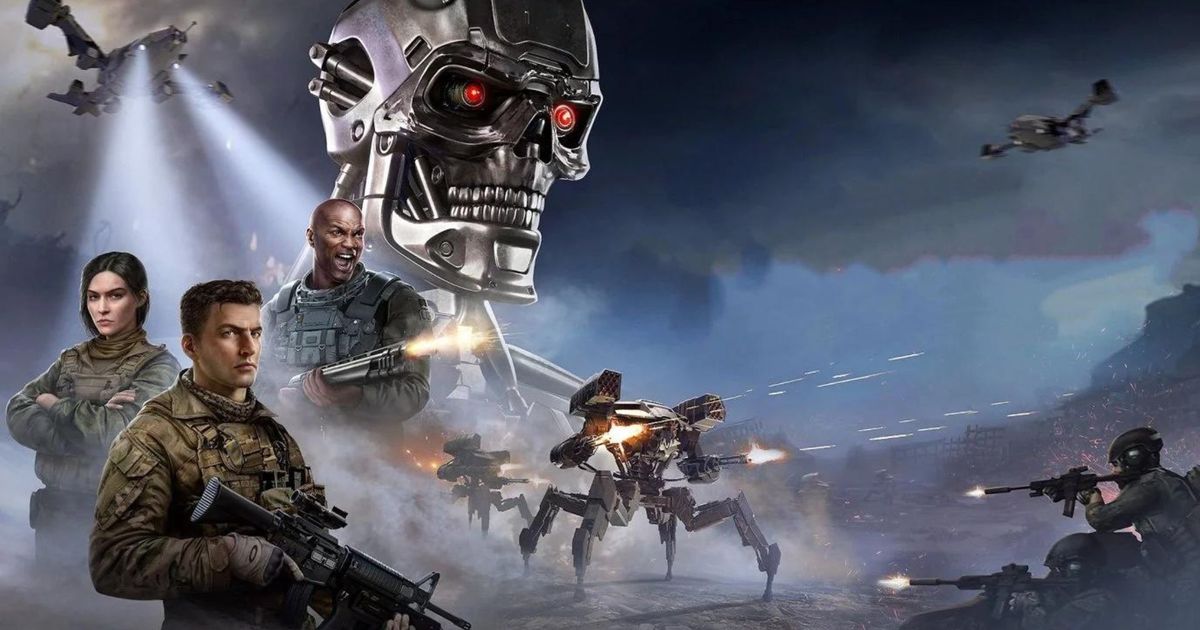 Key art for the RTS title Terminato Dark Fate - Defiance featuring three resistance soldiers and Terminator machines