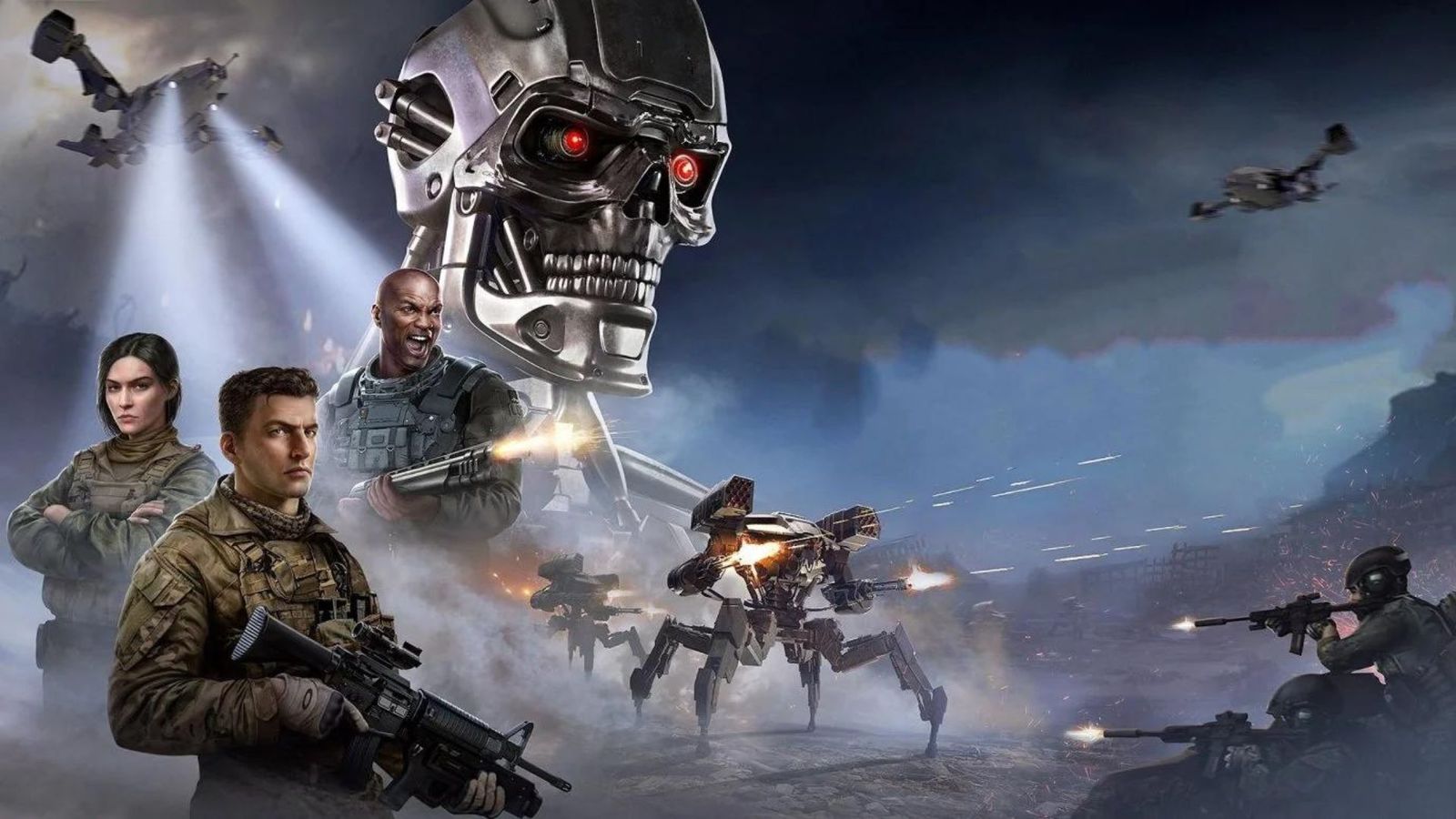 Terminator Dark Fate - Defiance key art featuring resistance soldiers and a Terminator