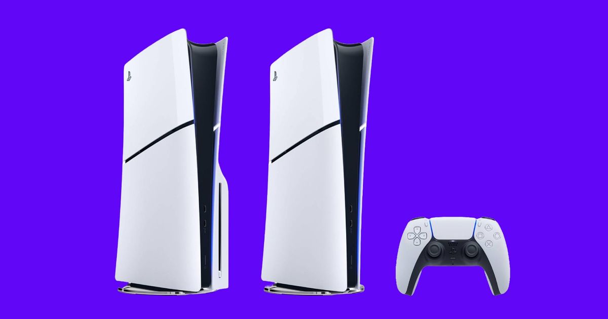 PS5 Slim vs regular - An image of the two PS5 Slim models along with the controller