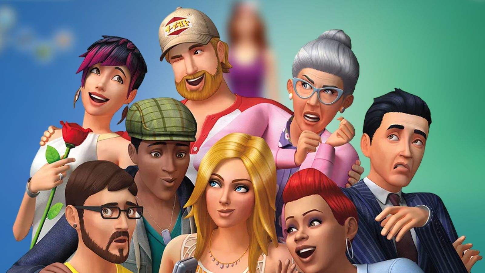 A group of The Sims characters pulling faces together
