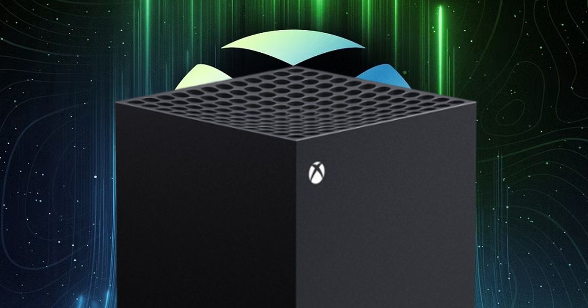 Top of an Xbox Series X in front of a dynamic Xbox background