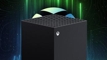 Top of an Xbox Series X in front of a dynamic Xbox background