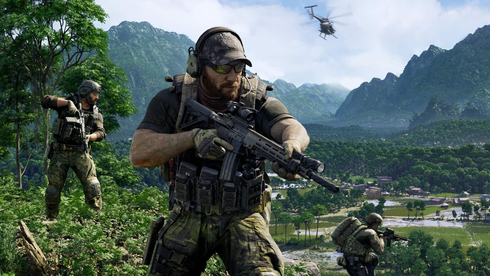 Gray Zone Warfare weapons: A soldier wearing tactical gear and holding an assault rifle at the ready, with two soldiers behind them overlooking the tropical environment.