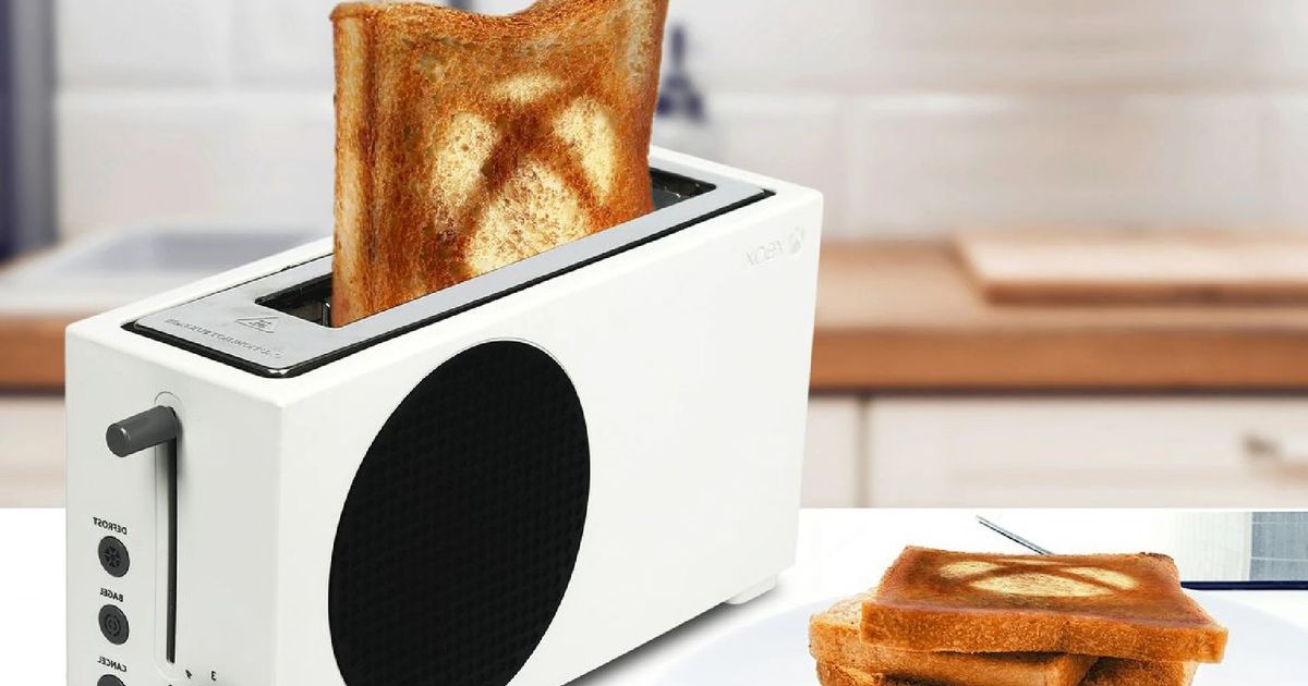 The Xbox Series S toaster on a kitchen counter popping out branded bread slices 