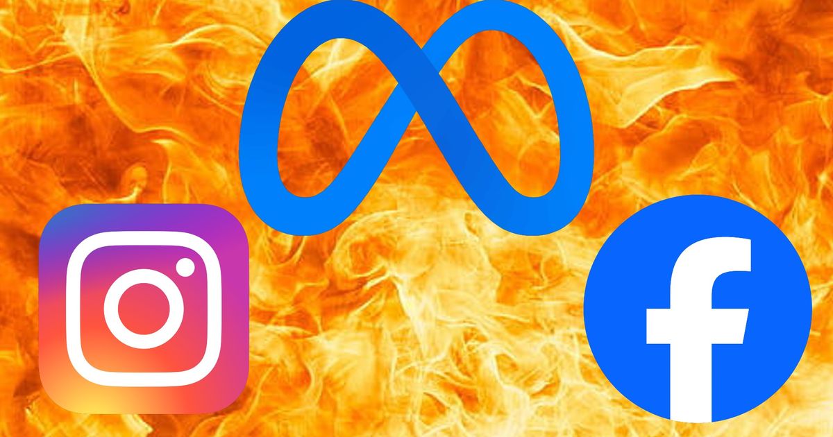 Meta logo above Instagram and Facebook logos in front of fire