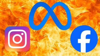 Meta logo above Instagram and Facebook logos in front of fire