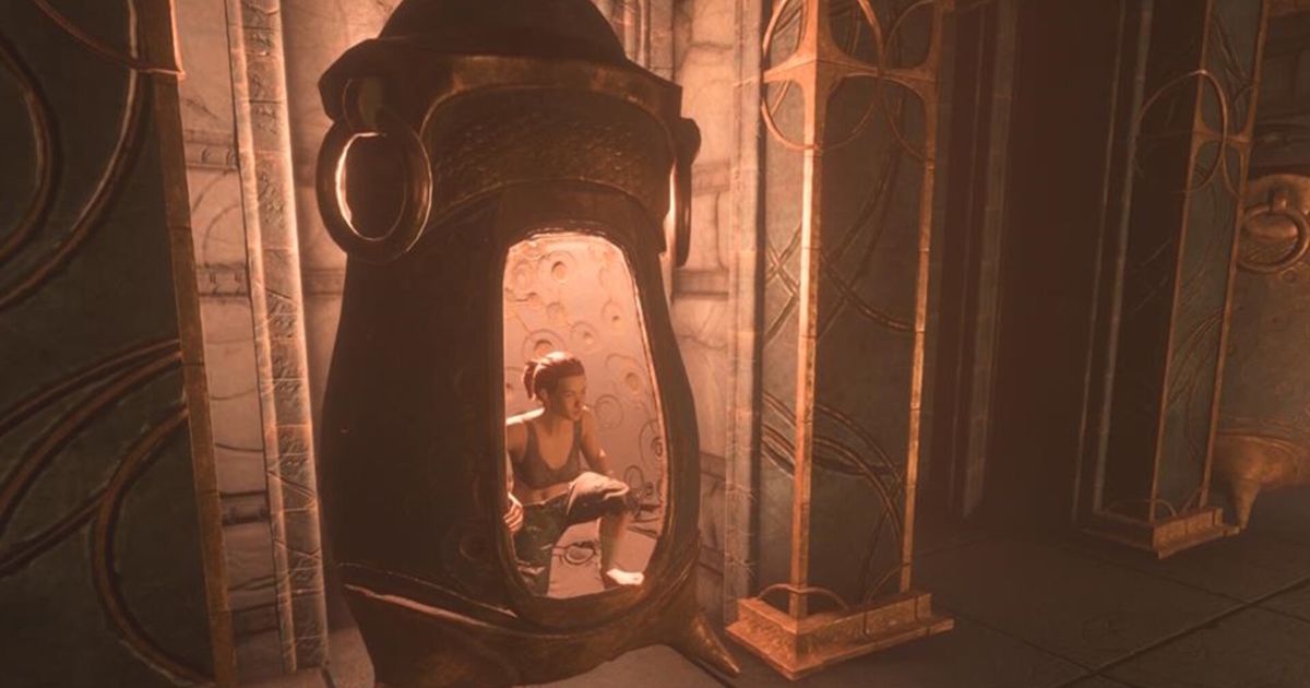Enshrouded player kneeling inside capsule
