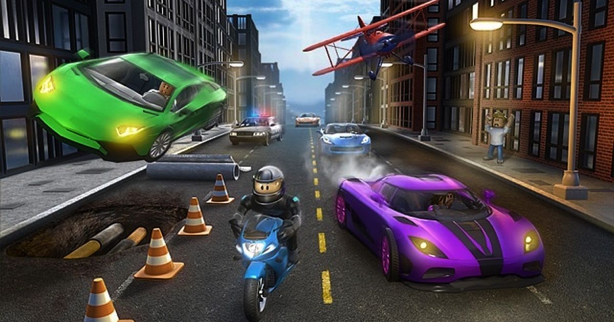 Screenshot featuring a Roblox character on a blue motorbike, flanked by a purple supercar to its left and a green one to its right. A red bi-plane can be seen flying overhead.