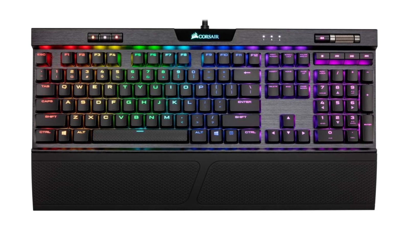 Corsair K70 RGB MK.2 product image of a black keyboard featuring multicoloured backlit keys.