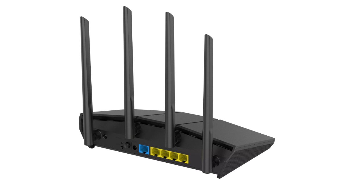 ASUS RT-AX1800S product image of a black WiFi router with four yellow and one blue port out the back along with four antennae.