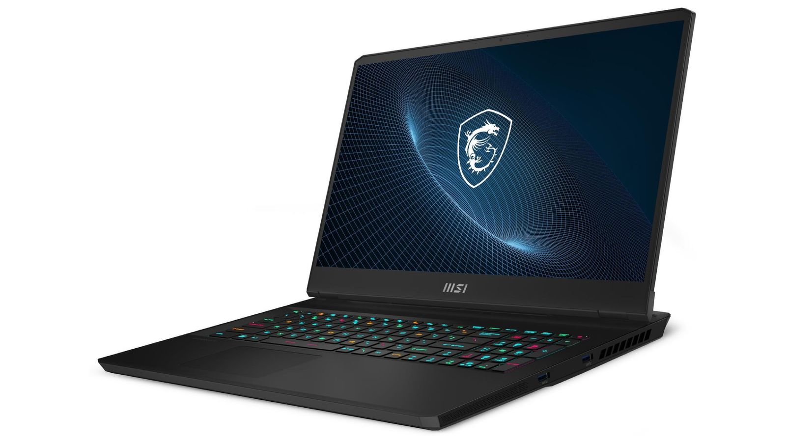 Best Diablo 4 gaming laptop - MSI Vector GP76 product image of a black laptop with multicoloured backlit keys and blue MSI branding on the display.
