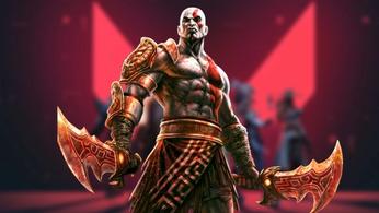 Valorant background with young Kratos posing in front