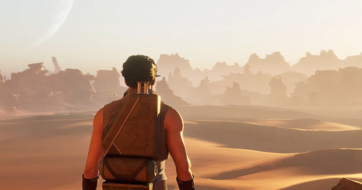 Character looking over the desert of Arrakis in Dune Awakening trailer