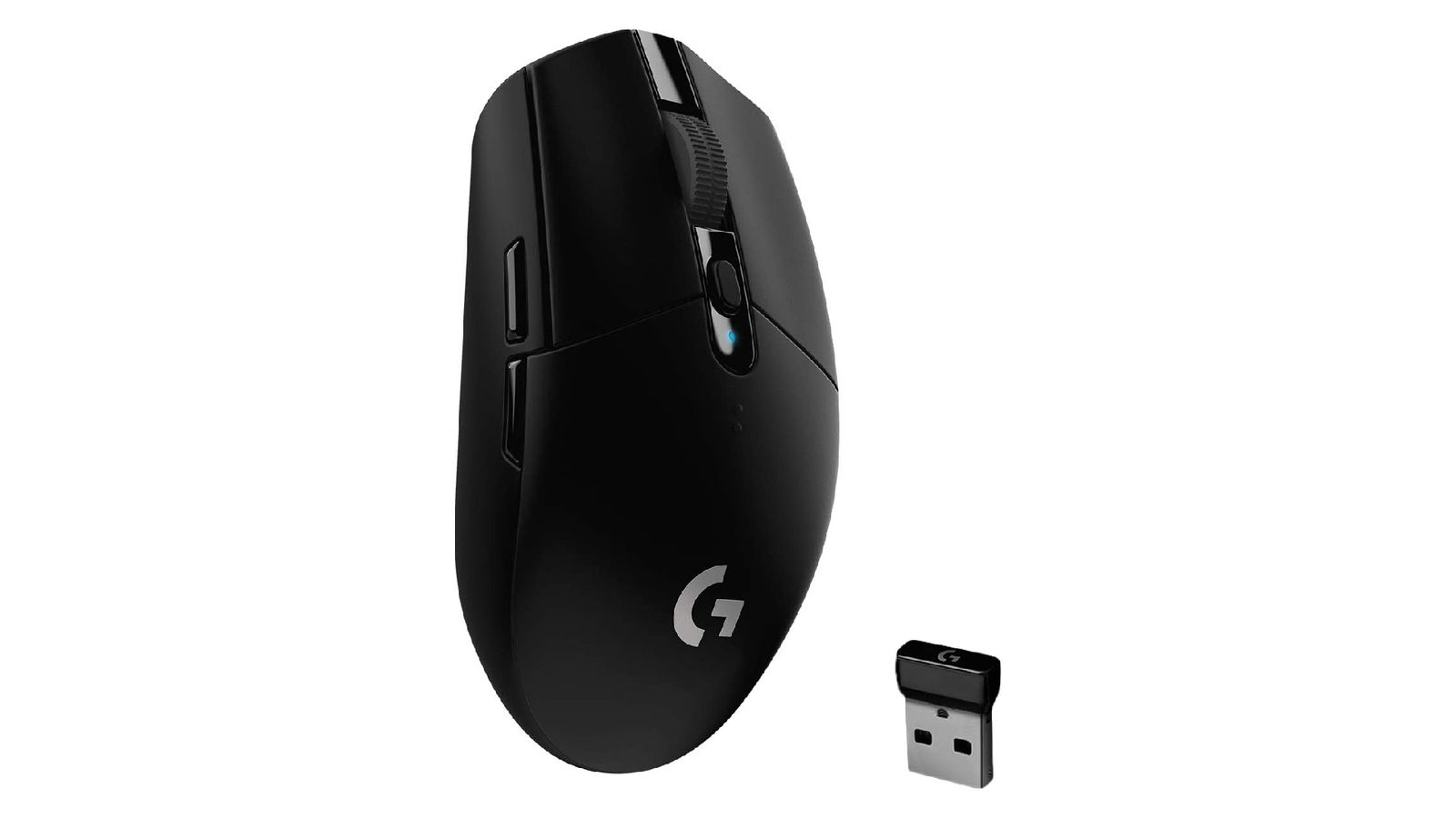 Logitech G305 Lightspeed product image of a black wireless mouse featuring a grey Logitech logo next to a USB stick.