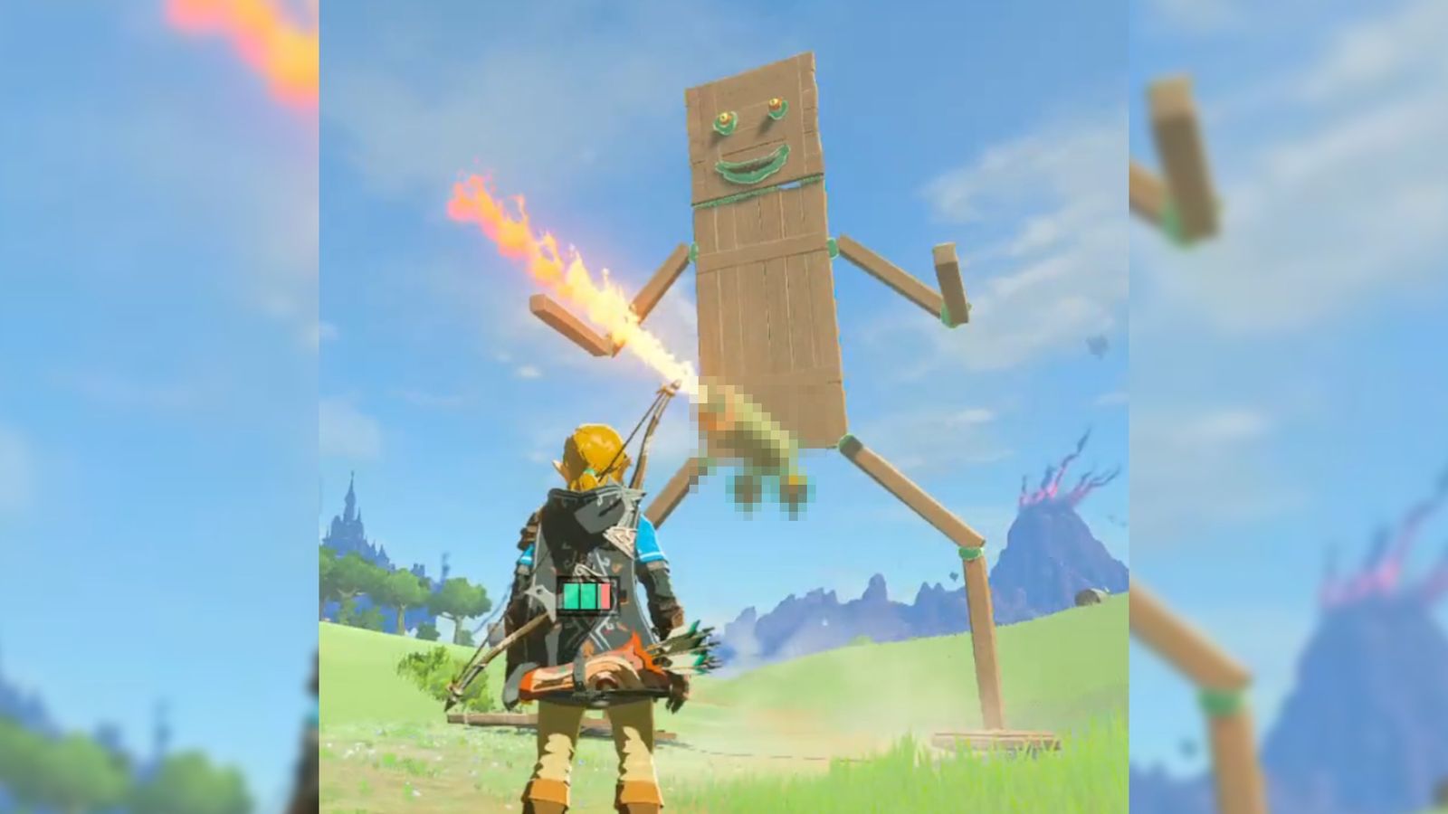 Link looking up at a big mech with a flamethrower for a groin. 