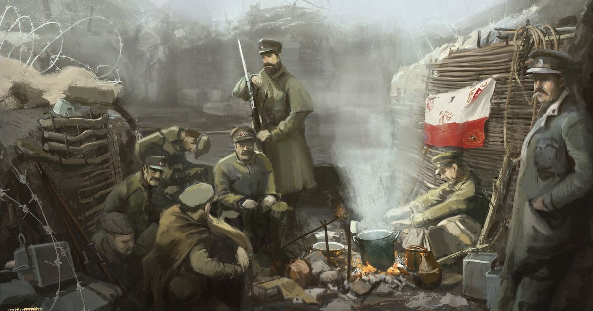 last train home soldiers in trenches with flags and cooking pot