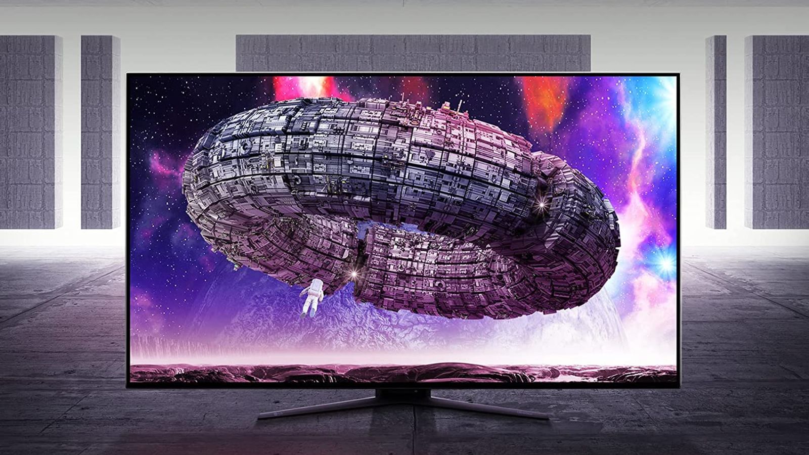 Image of an LG Ultragear monitor with a circular space ship on the display.