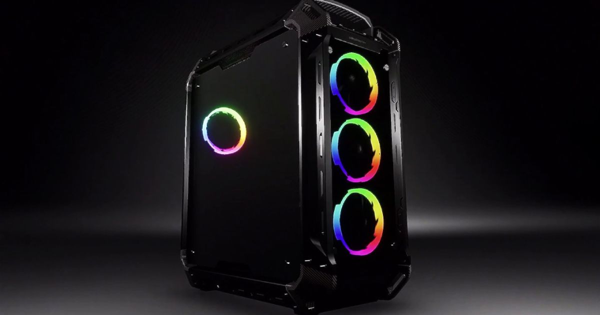 A black PC with multicoloured lit-up components on display.