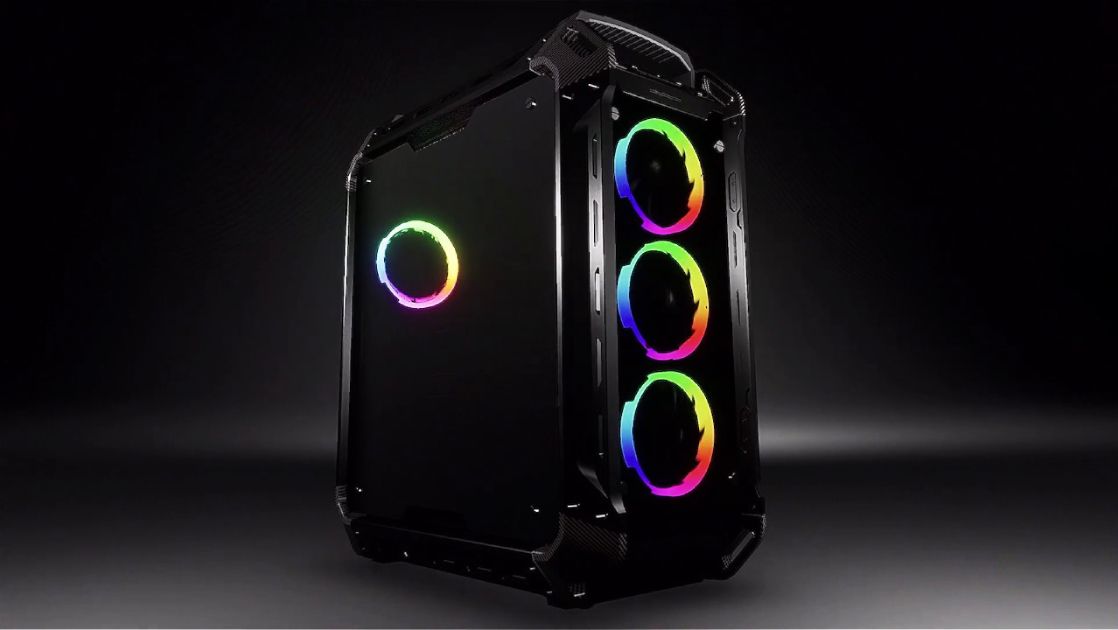 A black PC with multicoloured lit-up components on display.