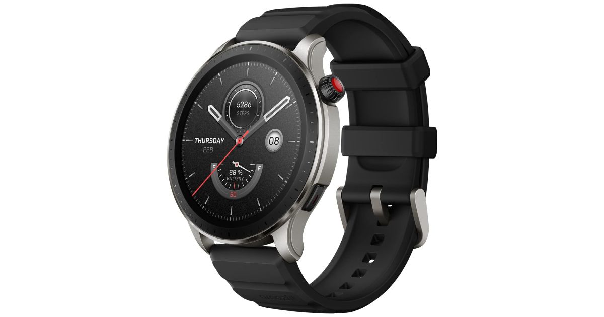 Amazfit GTR 4 product image of a black and silver smartwatch with a black strap.