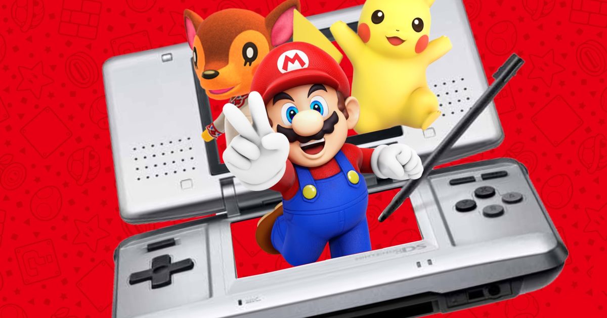 Mario, Pikachu and Fauna jumping out of an OG DS console 