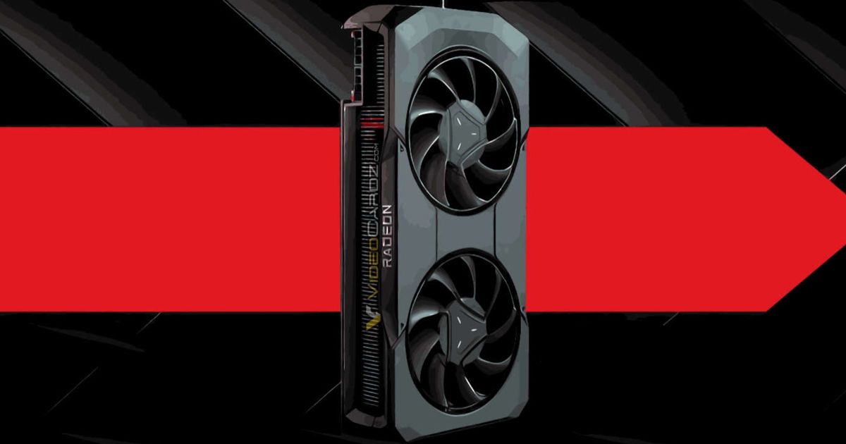 The AMD Radeon RX 7600 XT GPU on a black and red background gradient 