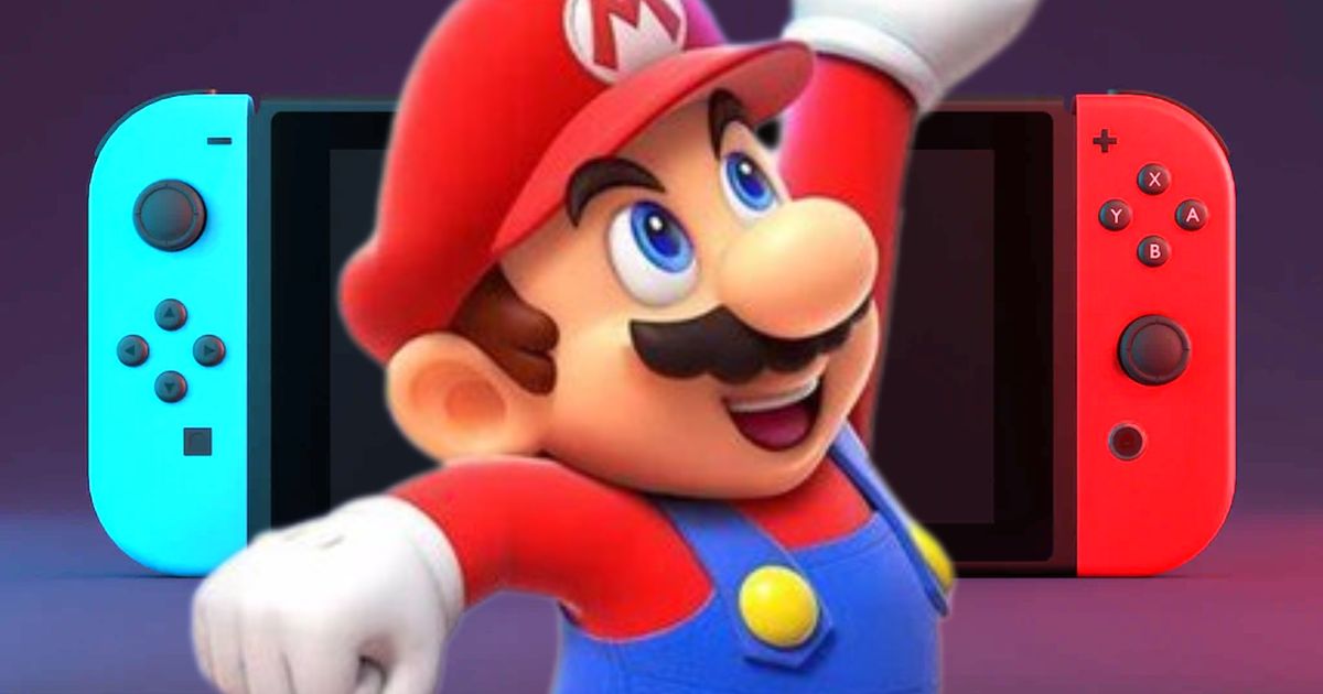 Mario posing on top of a Nintendo Switch console