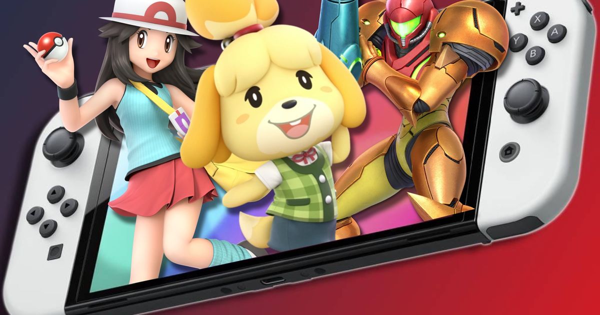 Pokémon Trainer, Isabelle, and Samus Aran jumping out of the Nintendo switch 