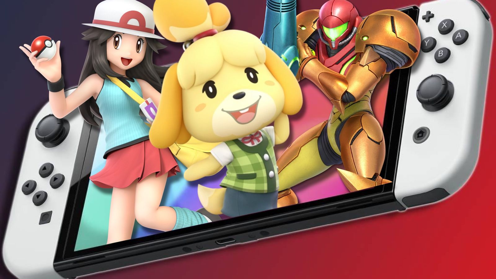 Pokémon Trainer, Isabelle, and Samus Aran jumping out of the Nintendo switch 
