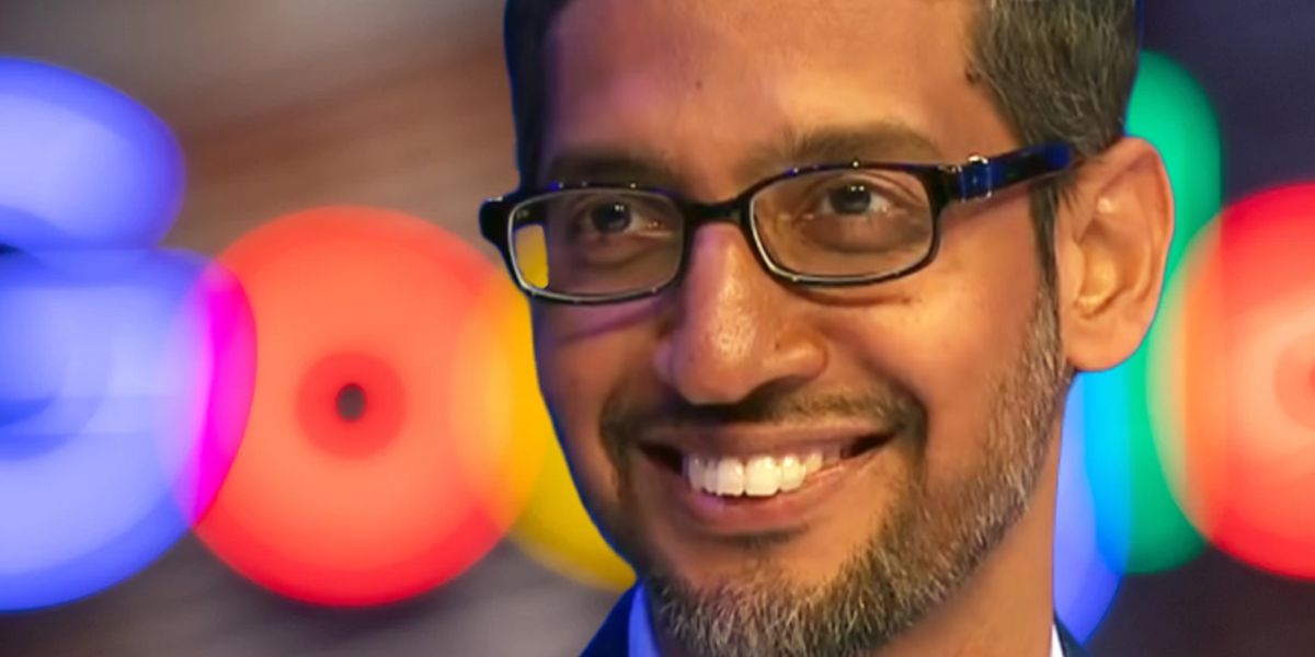 Google pays $391 million for tracking users without consent; Google ceo on top of a blurred background 