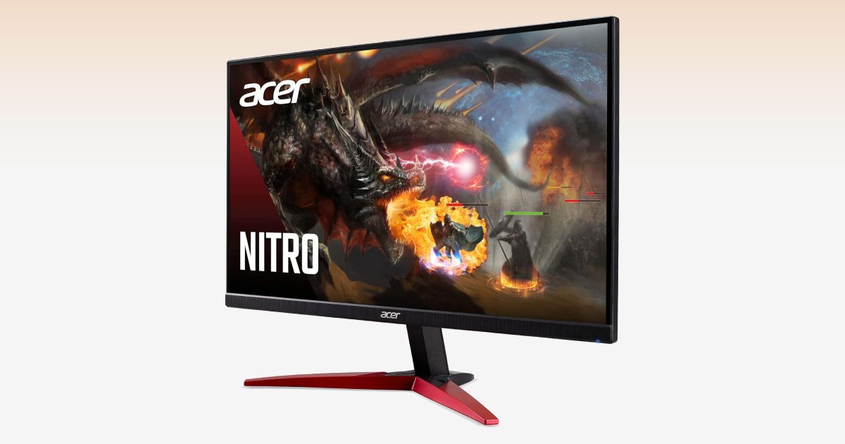 A black monitor with a red base and an image of a dragon breathing fire on the display.
