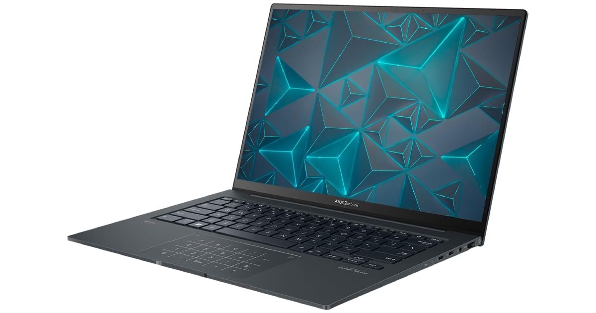 ASUS Zenbook 14X OLED product image of an ultra-thin black laptop with a grey and blue pattern on the display.