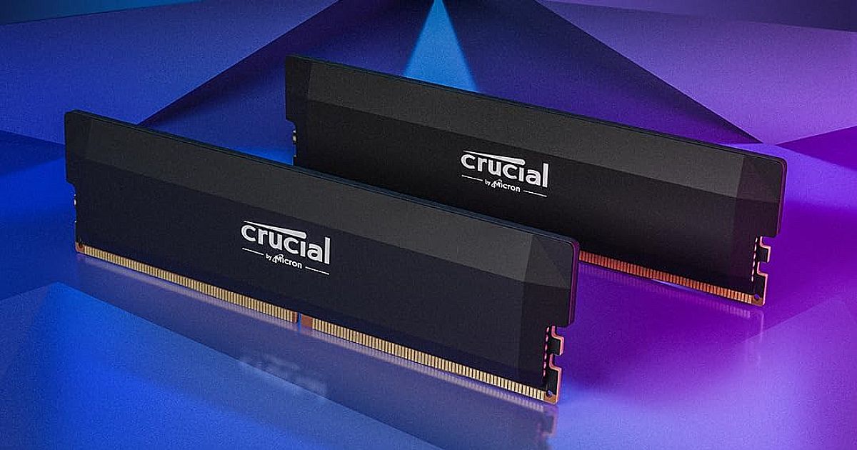 A pair of black, rectangular RAM sticks featuring white Crucial branding on the front of each.