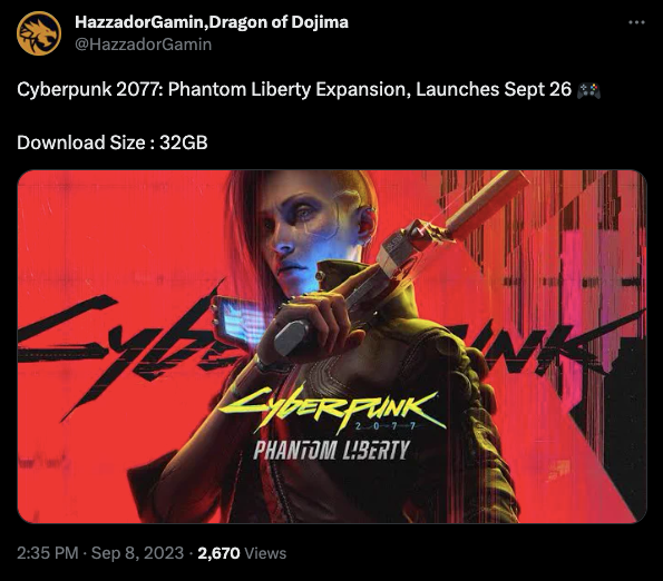 A Twitter user leaks the Cyberpunk 2077 expansion's file size.