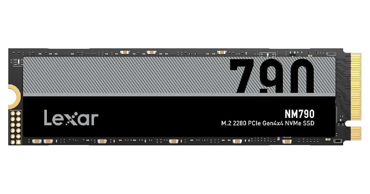 Lexar NM790 product image of a grey and black rectangular SSD.
