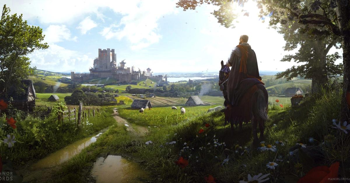 manor lords promo art man on horse standing on grass viewing town and castle in distance