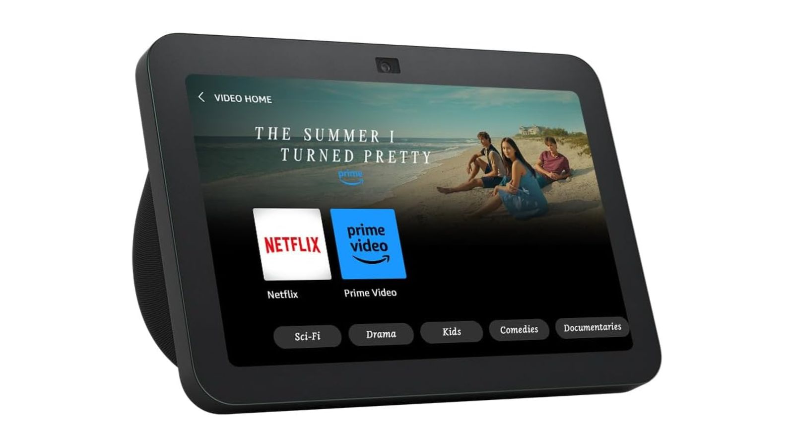 Echo Show 8 product image of a black Amazon assistant with Netflix and Prime app logos on the display.