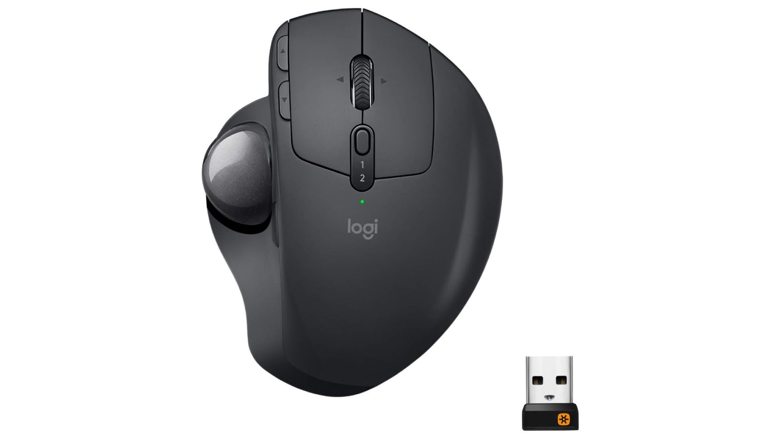 Logitech MX Ergo product image of a black mouse with a trackball on the left side.