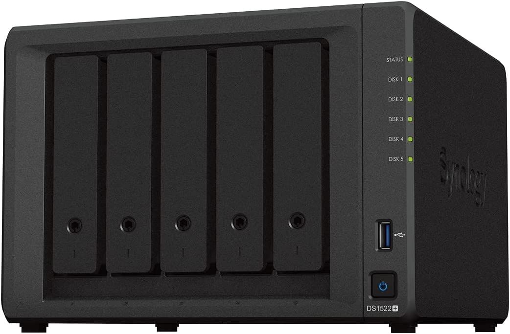 Synology DiskStation DS1522+ product image of an all-black NAS device.