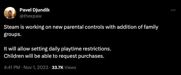Djundik tells Twitter about Steam's parental controls